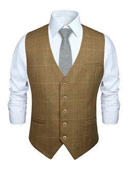 Men's Suit Vest Business Formal Dress Vest for Tuxedo Slim Fit Cotton Plaid Waistcoat Wedding