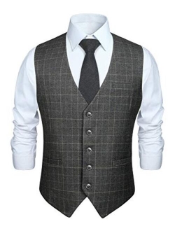 Men's Suit Vest Business Formal Dress Vest for Tuxedo Slim Fit Cotton Plaid Waistcoat Wedding