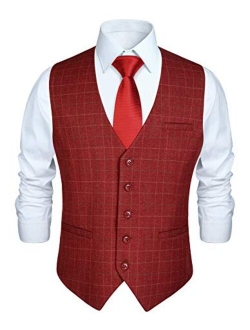 Men's Suit Vest Business Formal Dress Vest for Tuxedo Slim Fit Cotton Plaid Waistcoat Wedding