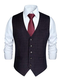 Men's Suit Vest Business Formal Dress Vest for Tuxedo Slim Fit Cotton Plaid Waistcoat Wedding