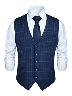 Men's Suit Vest Business Formal Dress Vest for Tuxedo Slim Fit Cotton Plaid Waistcoat Wedding