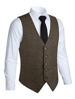 Mens Herringbone Tweed Vest 5 Buttons Slim Fit Premium Wool Fullback Formal Dress Waistcoat for Suit Wedding