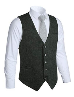 Mens Herringbone Tweed Vest 5 Buttons Slim Fit Premium Wool Fullback Formal Dress Waistcoat for Suit Wedding