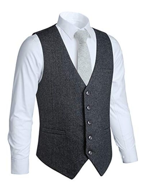 HISDERN Mens Herringbone Tweed Vest 5 Buttons Slim Fit Premium Wool Fullback Formal Dress Waistcoat for Suit Wedding