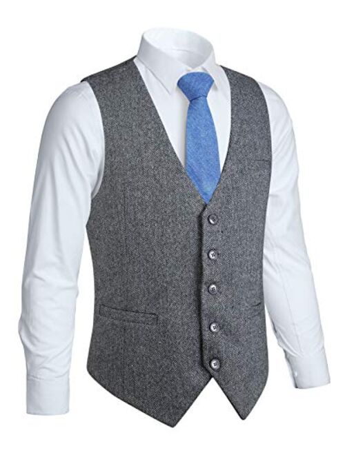 HISDERN Mens Herringbone Tweed Vest 5 Buttons Slim Fit Premium Wool Fullback Formal Dress Waistcoat for Suit Wedding