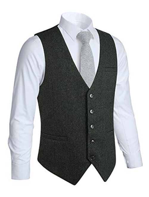 HISDERN Mens Herringbone Tweed Vest 5 Buttons Slim Fit Premium Wool Fullback Formal Dress Waistcoat for Suit Wedding