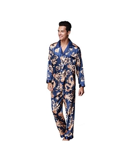 ZUEVI Men's Classic Stain Silk Chinese Dragon Pajamas Set Button-Down Sleepwear Loungewear