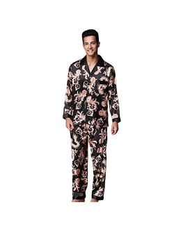 ZUEVI Men's Classic Stain Silk Chinese Dragon Pajamas Set Button-Down Sleepwear Loungewear