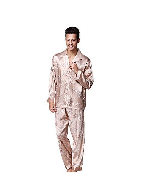 ZUEVI Men's Classic Stain Silk Chinese Dragon Pajamas Set Button-Down Sleepwear Loungewear