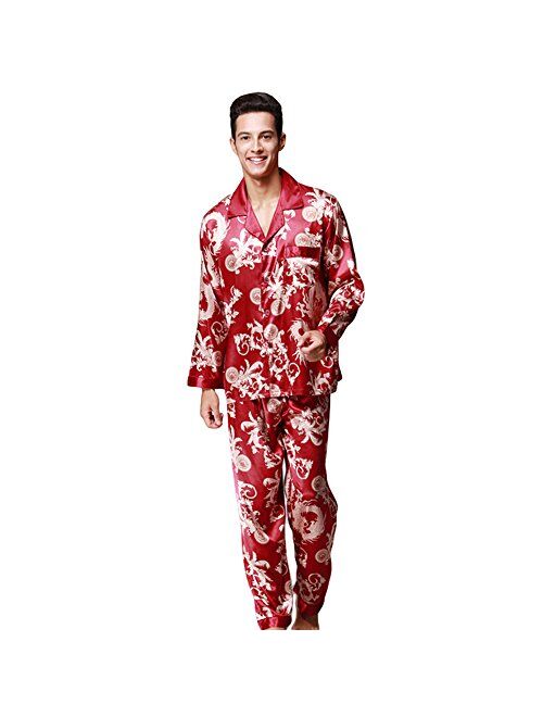 ZUEVI Men's Classic Stain Silk Chinese Dragon Pajamas Set Button-Down Sleepwear Loungewear