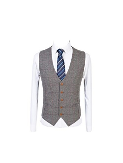 Mens Premium Wool Blend Tweed Herringbone Slim Fit Wedding Tuxedo Waistcoat Suits Vest