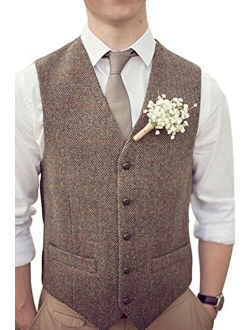 Mens Premium Wool Blend Tweed Herringbone Slim Fit Wedding Tuxedo Waistcoat Suits Vest