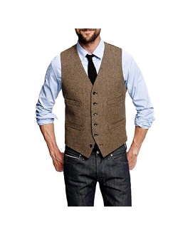 Mens Premium Wool Blend Tweed Herringbone Slim Fit Wedding Tuxedo Waistcoat Suits Vest