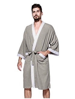 YIMANIE Men's Waffle-Weave Robe Cotton Spa Bathrobe Lightweight Soft Kimono Sleepwear