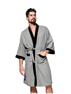 YIMANIE Men's Waffle-Weave Robe Cotton Spa Bathrobe Lightweight Soft Kimono Sleepwear