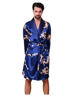 Haseil Men's Satin Robe Dragon Luxurious Silk Spa Long Sleeve House Kimono Bathrobe