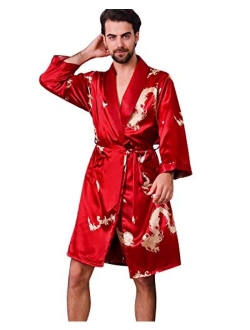 Haseil Men's Satin Robe Dragon Luxurious Silk Spa Long Sleeve House Kimono Bathrobe