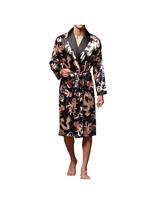 Haseil Men's Satin Robe Dragon Luxurious Silk Spa Long Sleeve House Kimono Bathrobe