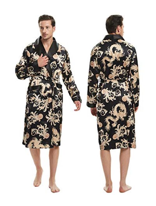 Haseil Men's Satin Robe Dragon Luxurious Silk Spa Long Sleeve House Kimono Bathrobe