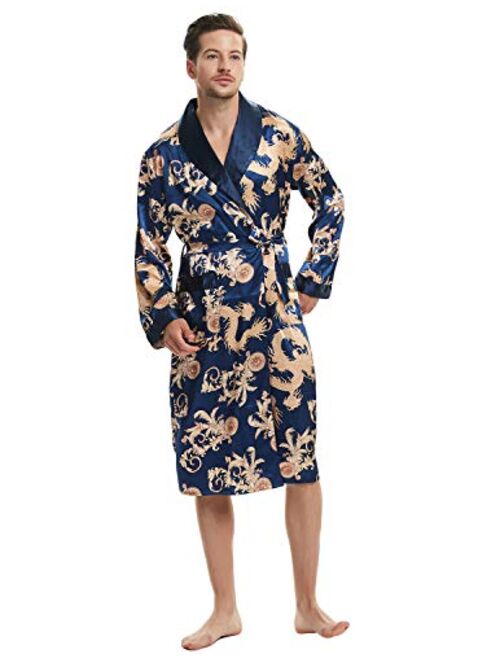 Haseil Men's Satin Robe Dragon Luxurious Silk Spa Long Sleeve House Kimono Bathrobe