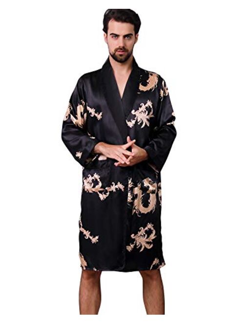 Haseil Men's Satin Robe Dragon Luxurious Silk Spa Long Sleeve House Kimono Bathrobe