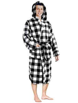 Men's Hooded Fleece Robe with Satin Trim and Shawl Collar | Plush and Warm Mens Bathrobe for Spa