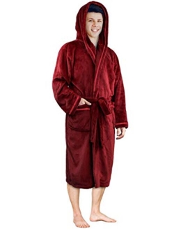 Men's Hooded Fleece Robe with Satin Trim and Shawl Collar | Plush and Warm Mens Bathrobe for Spa