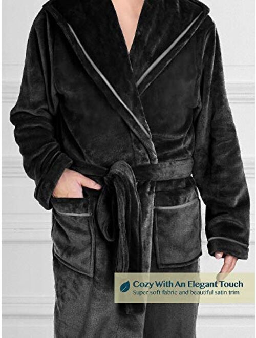 Men's Hooded Fleece Robe with Satin Trim and Shawl Collar | Plush and Warm Mens Bathrobe for Spa