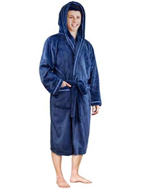 Men's Hooded Fleece Robe with Satin Trim and Shawl Collar | Plush and Warm Mens Bathrobe for Spa