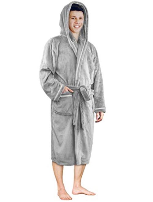 Men's Hooded Fleece Robe with Satin Trim and Shawl Collar | Plush and Warm Mens Bathrobe for Spa