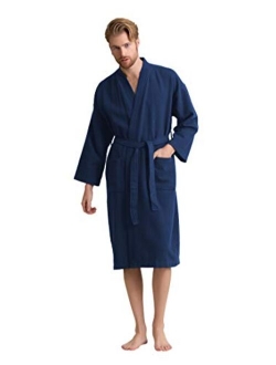 Men's Waffle Spa Bathrobe with 100% Turkish Cotton. Long, Lightweight, Absorbent