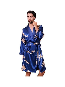 Haseil Men's Luxurious Kimono Robe with Shorts Summer Printed Silk Satin Bathrobes