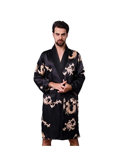 Haseil Men's Luxurious Kimono Robe with Shorts Summer Printed Silk Satin Bathrobes