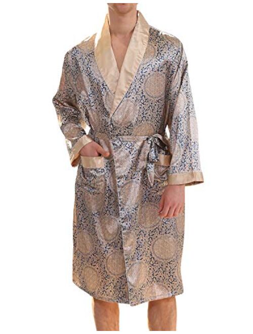 Haseil Men's Luxurious Kimono Robe with Shorts Summer Printed Silk Satin Bathrobes