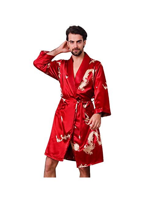 Haseil Men's Luxurious Kimono Robe with Shorts Summer Printed Silk Satin Bathrobes