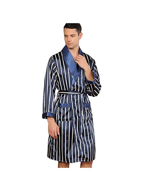 Haseil Men's Luxurious Kimono Robe with Shorts Summer Printed Silk Satin Bathrobes