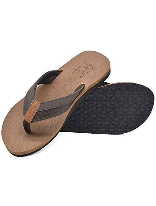 KUAILU Men's Yoga Mat Leather Flip Flops Thong Sandals with Arch Support