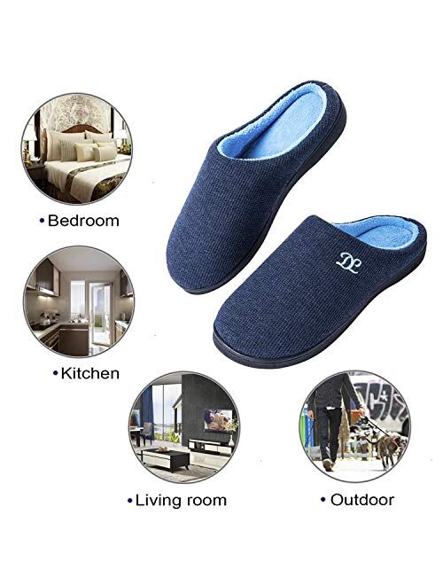 DL Mens-Memory-Foam-Slippers, Slip on Bedroom Slippers for Mens Indoor Outdoor, Men's House Slippers Non-Slip Hard Rubber Sole, Warm Soft Flannel Lining Man Slippers Blac