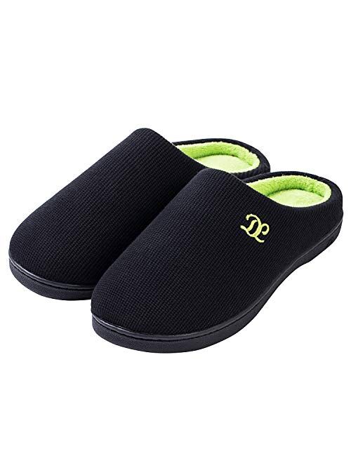 DL Mens-Memory-Foam-Slippers, Slip on Bedroom Slippers for Mens Indoor Outdoor, Men's House Slippers Non-Slip Hard Rubber Sole, Warm Soft Flannel Lining Man Slippers Blac