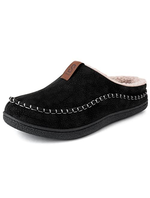 ZIZOR Men's Memory Foam Wool-Like Lining Slipper with Short Faux Fur Collar House Shoes Indoor Outdoor Slip on Clogs