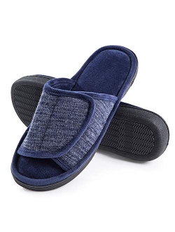 DL Adjustable-Mens-Slippers-Memory-Foam, Open Toe House Slippers for Men Indoor Outdoor, Breathable Slide Bedroom Slippers for Men Anti-Slip Rubber Sole Black Gray Navy B