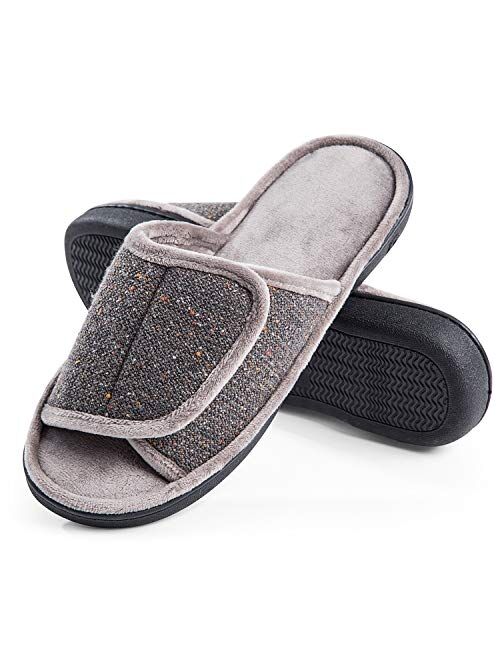 DL Adjustable-Mens-Slippers-Memory-Foam, Open Toe House Slippers for Men Indoor Outdoor, Breathable Slide Bedroom Slippers for Men Anti-Slip Rubber Sole Black Gray Navy B