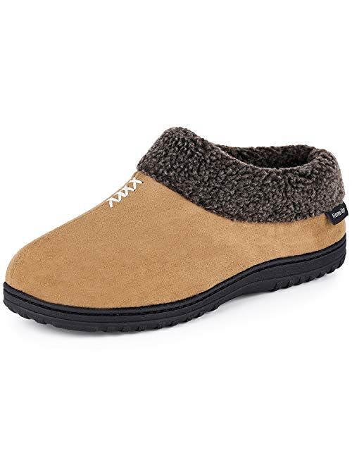 Men's Cozy Memory Foam Slippers Fluffy Micro Suede Faux Fur Fleece Lined House Shoes with Non Skid Indoor Outdoor Sole