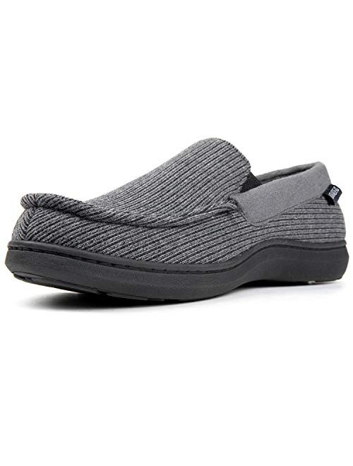 ULTRAIDEAS Men's Cozy Memory Foam Moccasin Slippers with Anti-Skid Indoor Rubber Sole, Breathable Lightweight Knitted Closed Back House Shoes