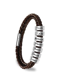 ShineSand Personalized Mens Leather Bracelet with Custom Beads, Customized Braid Leather Bracelet Engraved with Names for Men