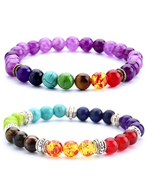 Doitory Men Women 8mm Lava Rock 7 Chakra Aromatherapy Essential Oil Diffuser Bracelet Elastic Natural Stone Yoga Beads Bracelet Bangle-21001