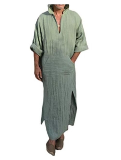 Taoliyuan Mens Kaftan Hooded Robe Linen Loungewear V Neck Long Night Gown Shirt Thobe