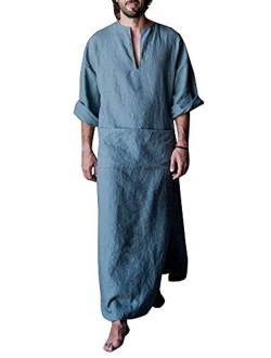 Taoliyuan Mens Kaftan Hooded Robe Linen Loungewear V Neck Long Night Gown Shirt Thobe