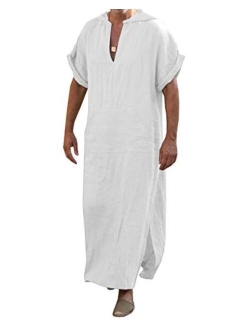 Taoliyuan Mens Kaftan Hooded Robe Linen Loungewear V Neck Long Night Gown Shirt Thobe