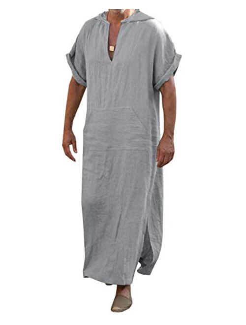 Taoliyuan Mens Kaftan Hooded Robe Linen Loungewear V Neck Long Night Gown Shirt Thobe